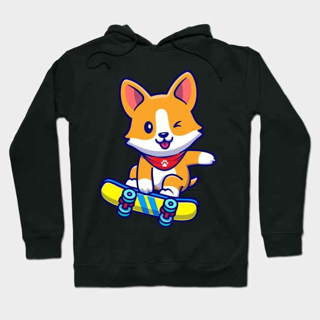 Cute Corgi Dog Playing Skateboard Cartoon Hoodie by Catalyst Labs